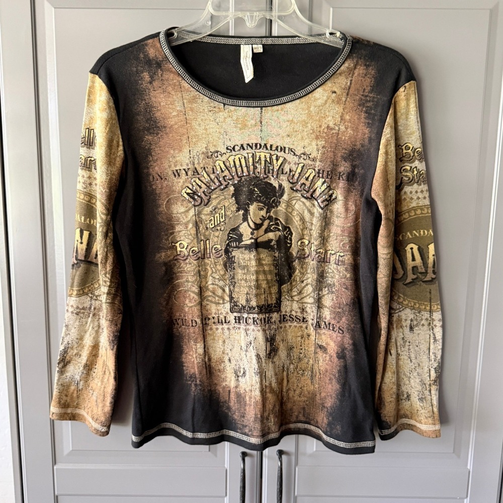 Susan Lawrence Womens Y2K Western Calamity Jane Graphic Tee, Brown, S